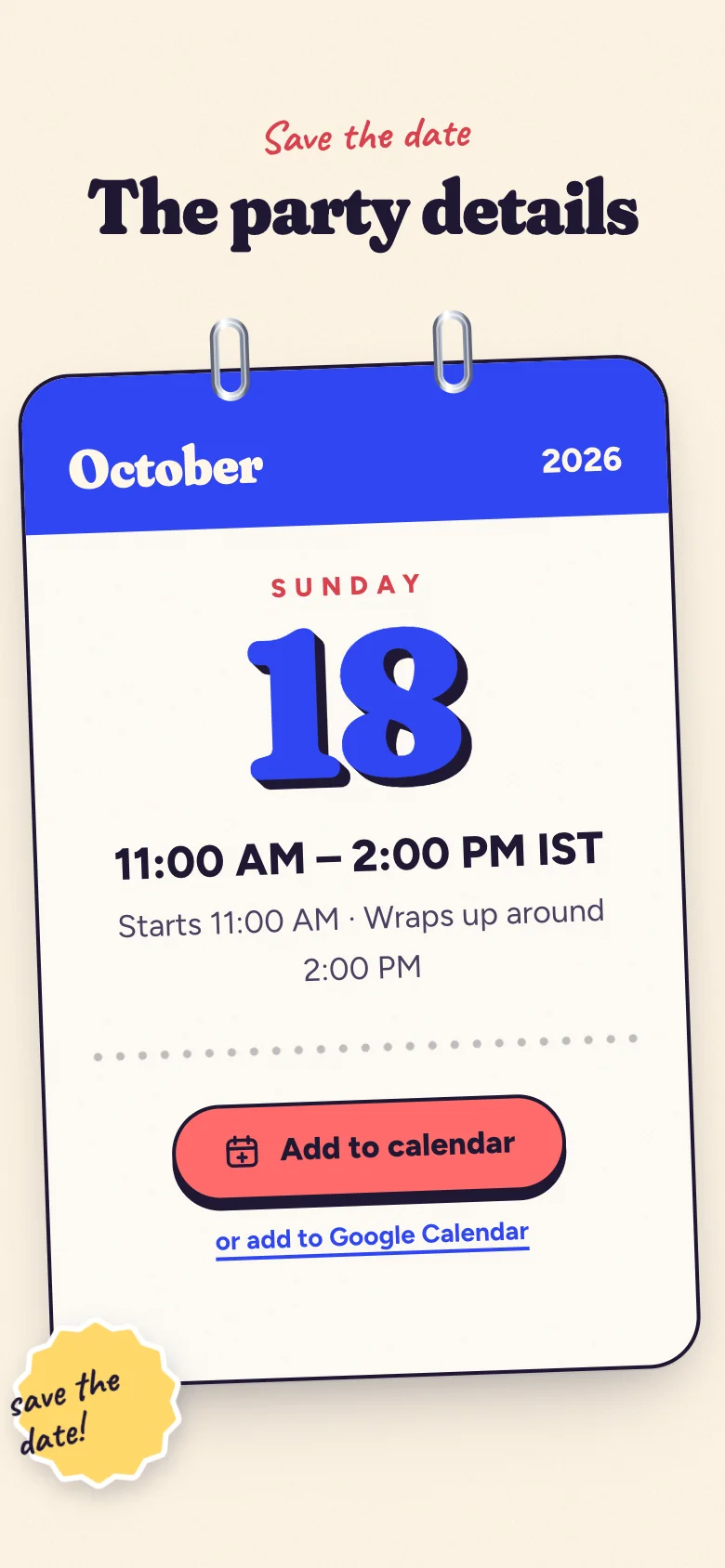 Screenshot of the party details on Yanvi’s invitation: a calendar page for Sunday 18 October with an add-to-calendar button.